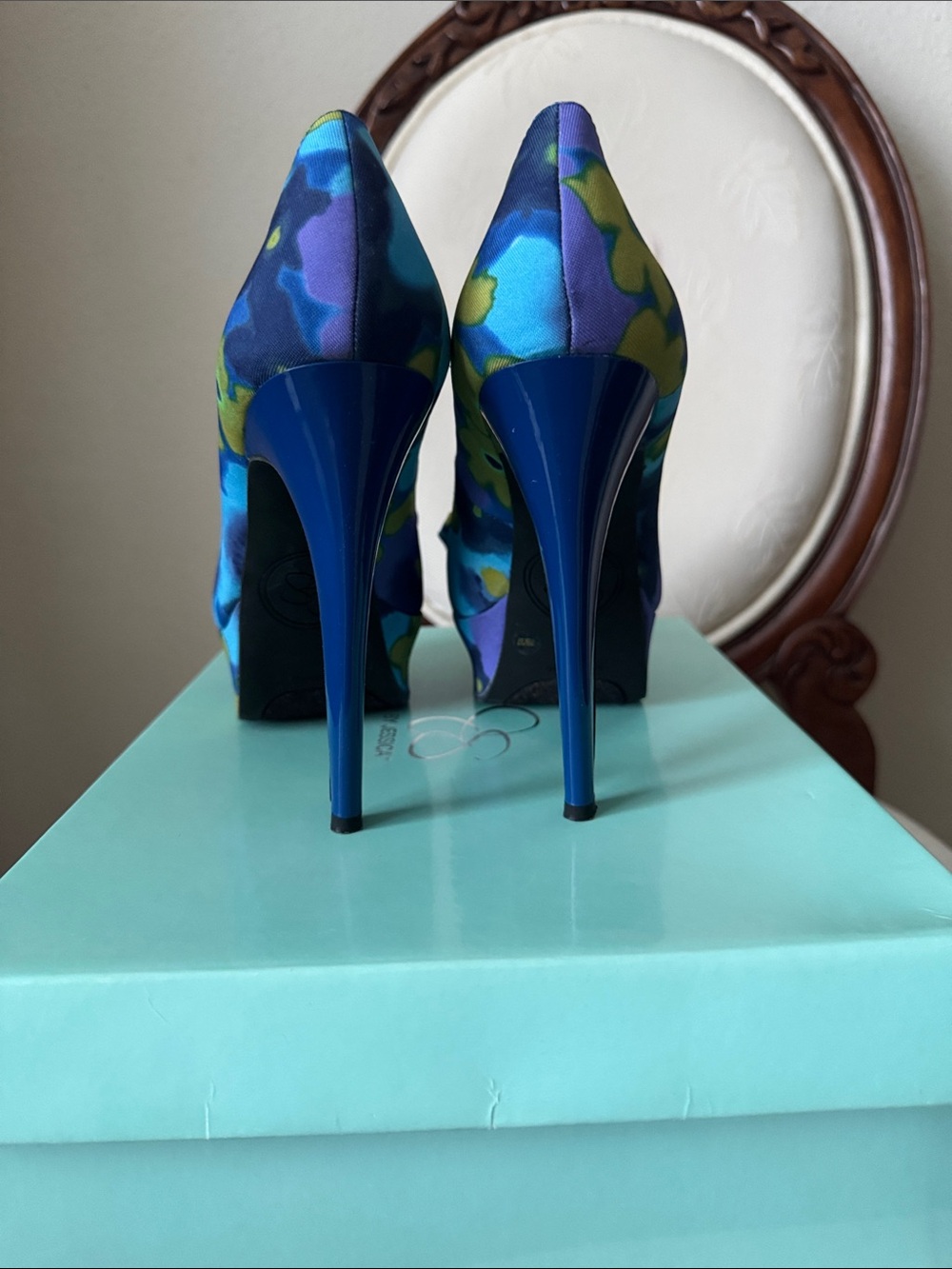 Jessica Simpson Blue Floral Satin Peep-Toe Heels - Picture 3 of 6